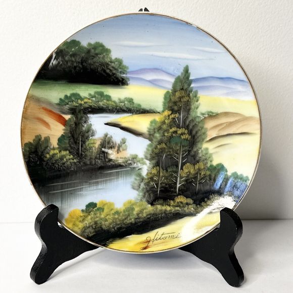 7” Hand Painted Hitomi Plate Scenery Landscape Japan Kitchen Decor Dining - Picture 1 of 9